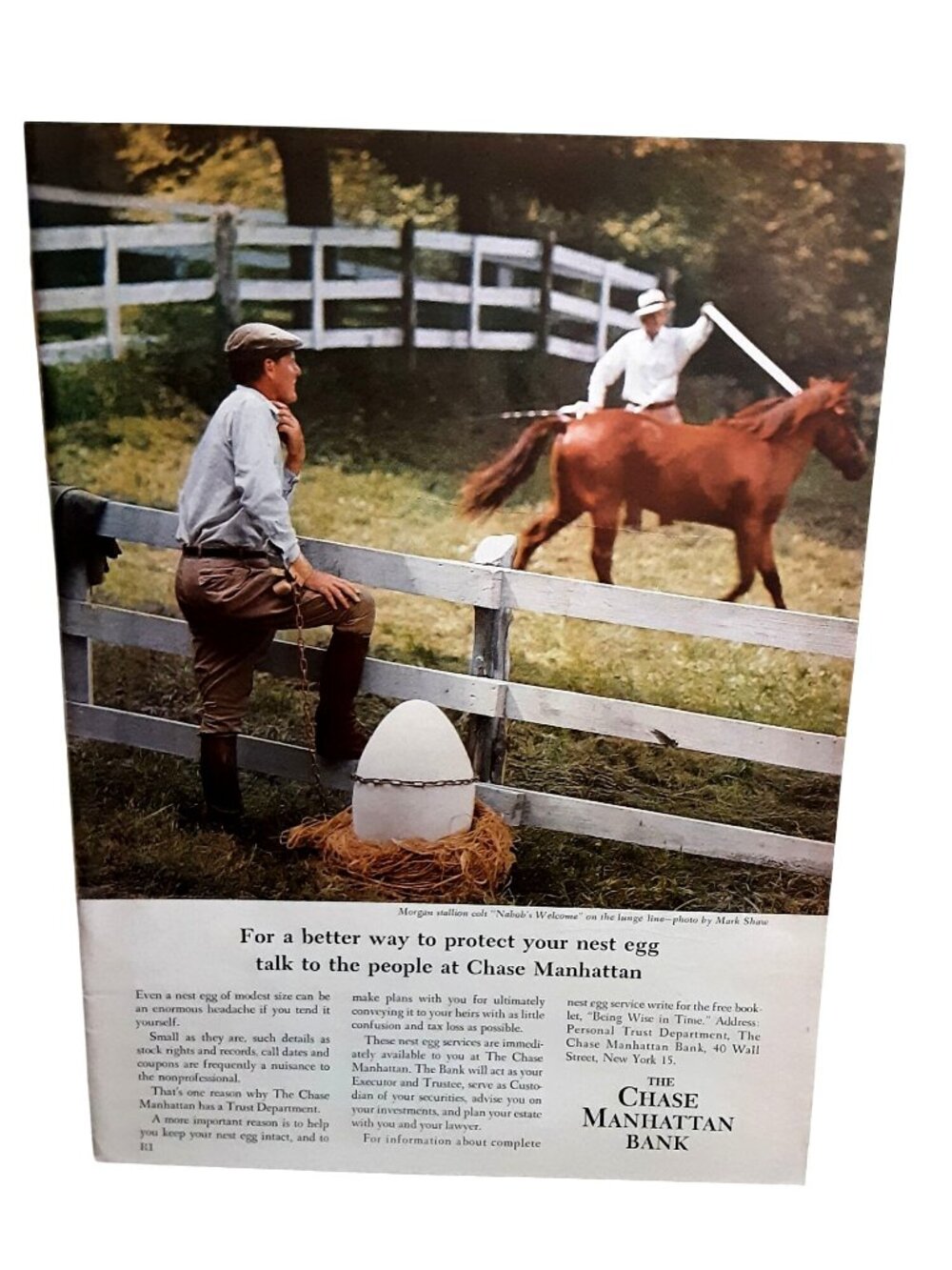 1960 Chase Manhattan Bank Nest Egg Horse Farm Vintage Print Ad